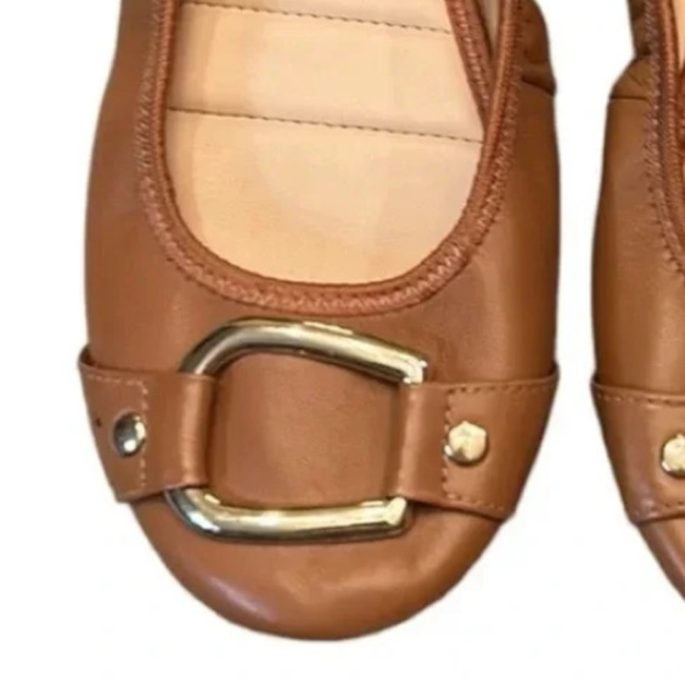 Adam Tucker by Me Too Nellie Tan Leather Ballet Flat Gold Buckle Size 7.5 - Picture 3 of 11